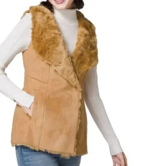 WHBM $130 NWT WITH POCKETS! Faux-Fur/Suede Vest Tan Size L - Picture 1 of 7